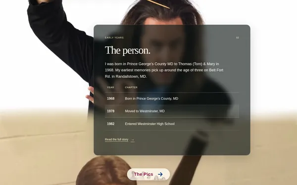 Further down the home page: “The person.” panel with a short timeline table, while the background photo tilts slightly behind it.