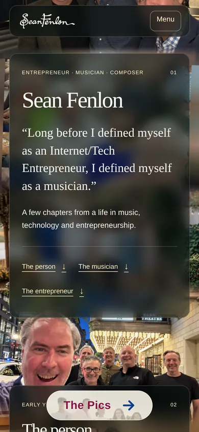 The new home page on a phone: the same text panel fills the screen width, with a group photo scrolling behind it and The Pics button floating at the bottom.