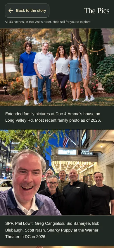 The Pics gallery on a phone: a family photo and a group photo outside the Warner Theatre, each with its description in a caption strip beneath it, and a Back to the story button at the top.