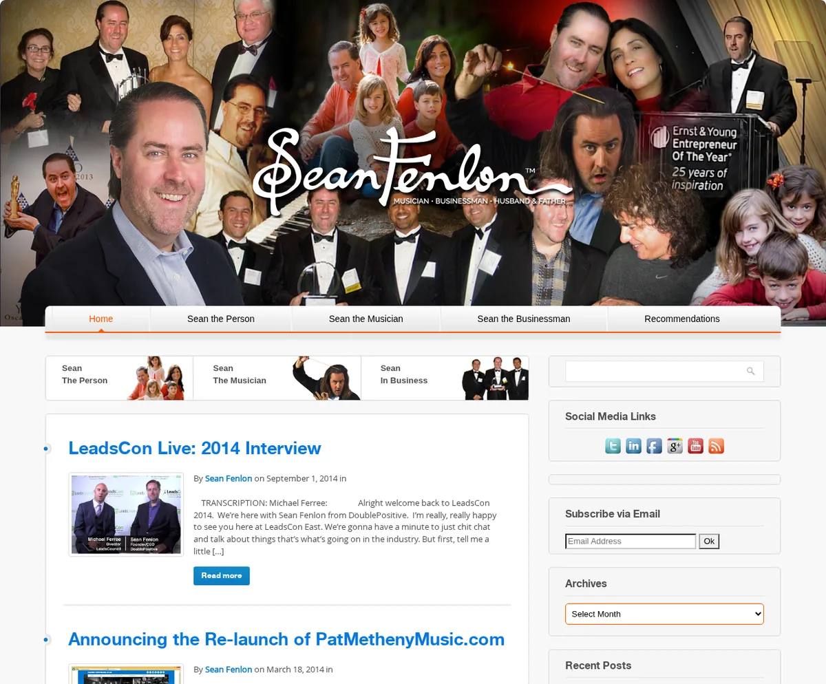 The 2014 WordPress home page: a wide collage header of family, friends and award photos with the Sean Fenlon signature logo, a menu bar, three section tiles, and blog posts with a sidebar.