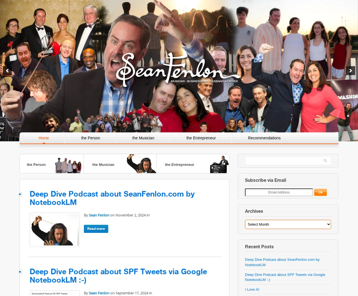 The last archived WordPress home page, January 2026: a rotating collage header with the Sean Fenlon signature logo and slider arrows, above the menu and recent blog posts.
