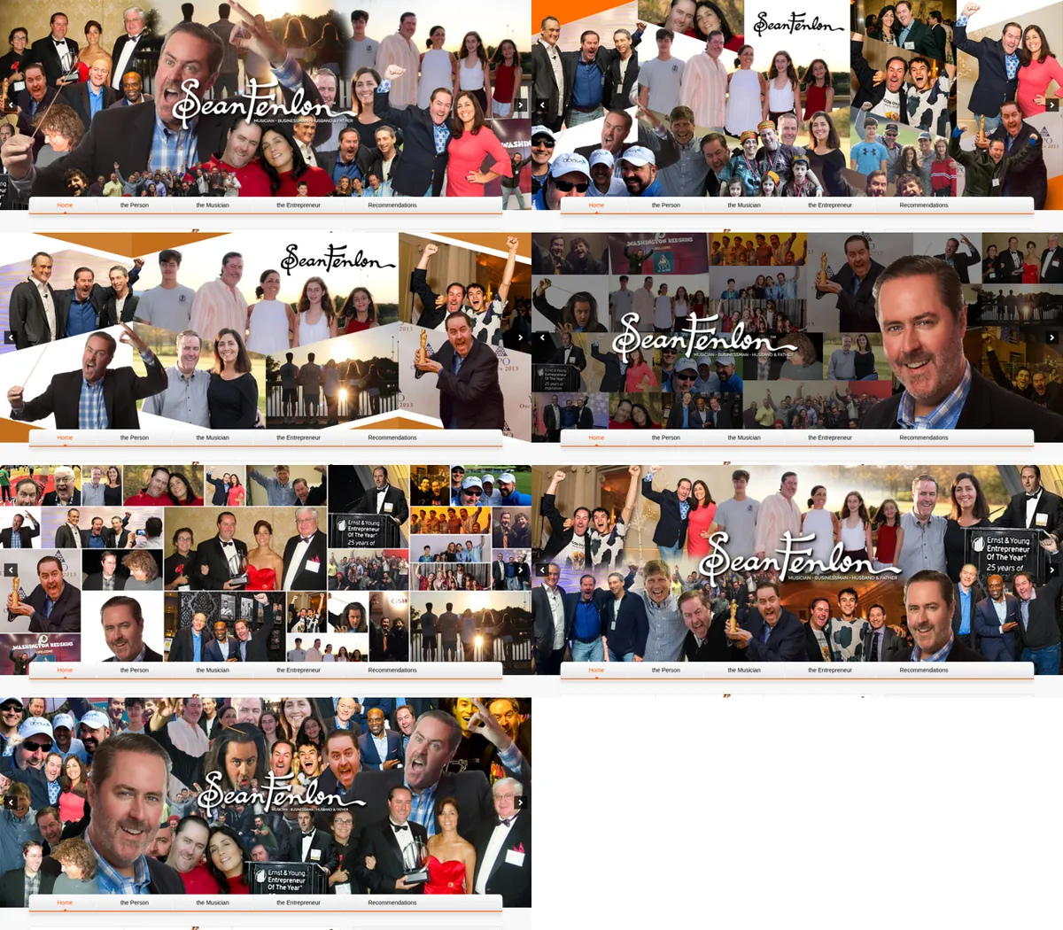 A contact sheet of the seven collage header banners, each a different arrangement of family, friends, music and business photos around the Sean Fenlon logo.